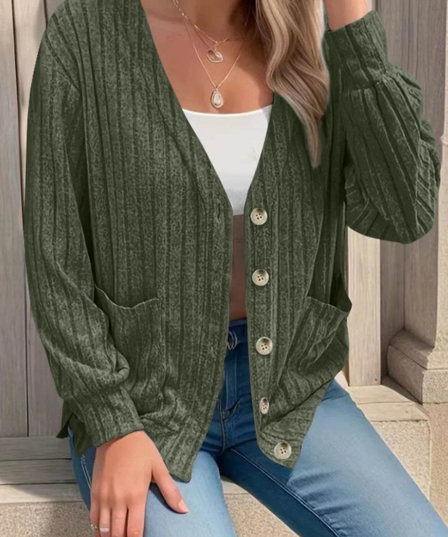 Full Size Button Up V-Neck Long Sleeve Cardigan - ELY VESSA LLC