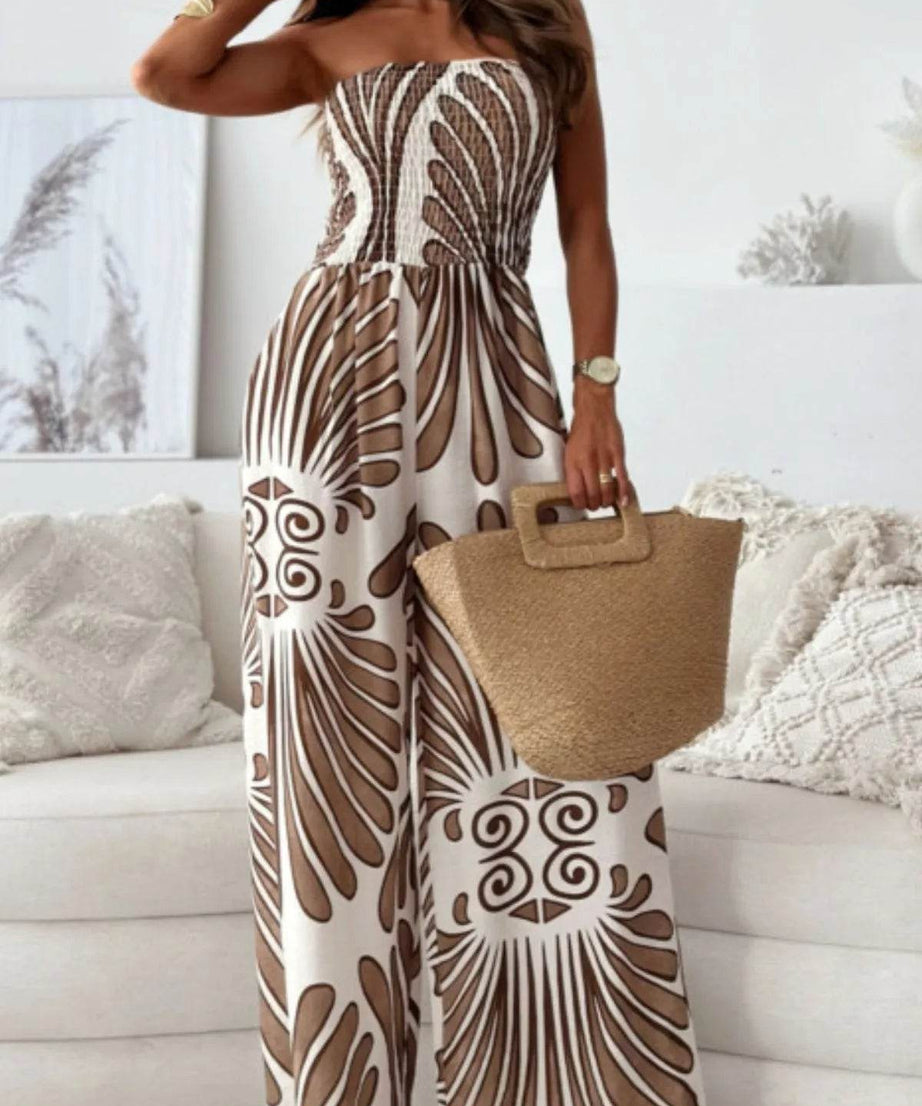 Printed Smocked Tube Wide Leg Jumpsuit - ELY VESSA LLC