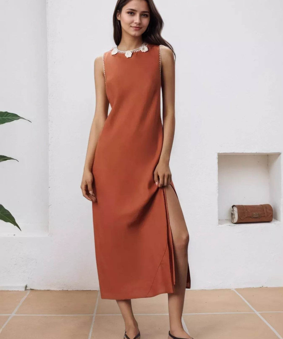 Slit Round Neck Sleeveless Midi Tank Dress - ELY VESSA LLC