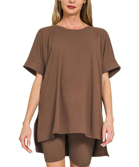 Zenana Full Size Brushed Dty Microfiber Round Neck Top and Biker Shorts Set Plus Size - ELY VESSA LLC