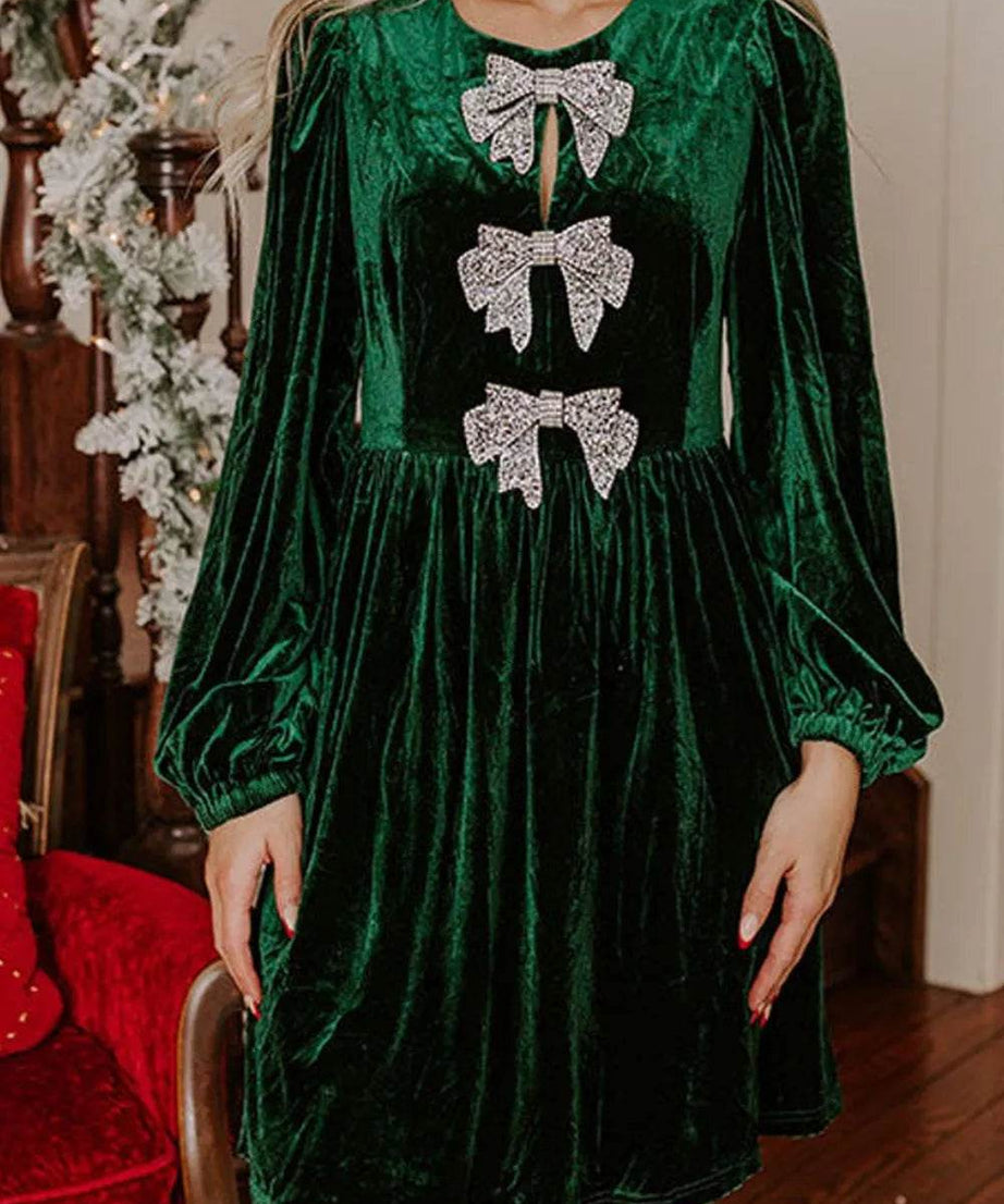 Velvet Bow Front Balloon Sleeve Dress - ELY VESSA LLC
