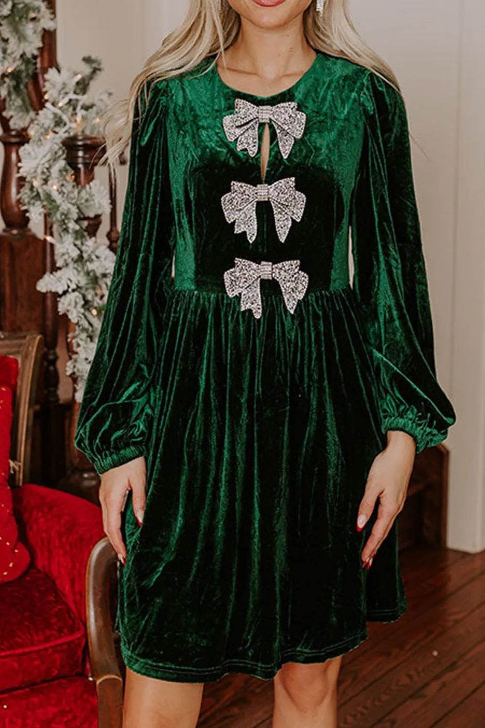 Velvet Bow Front Balloon Sleeve Dress - ELY VESSA LLC
