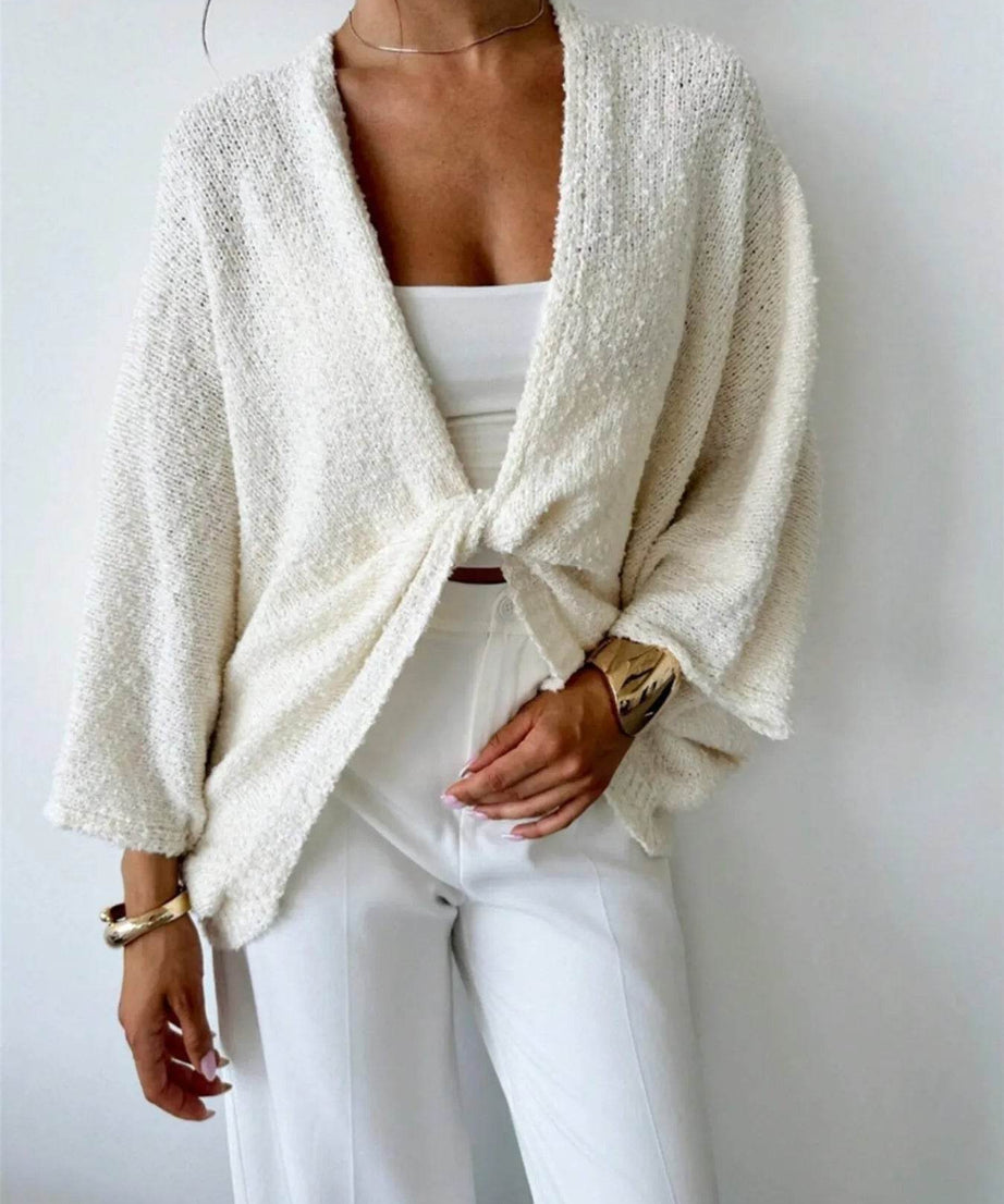 Twist-Front Textured Knit Cardigan - ELY VESSA LLC