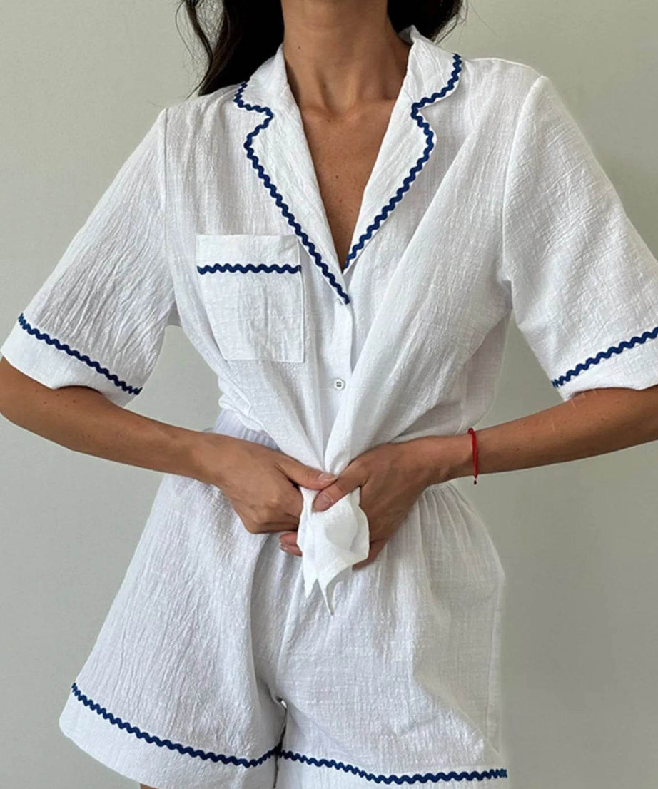 Button Up Half Sleeve Top and Shorts Lounge Set - ELY VESSA LLC