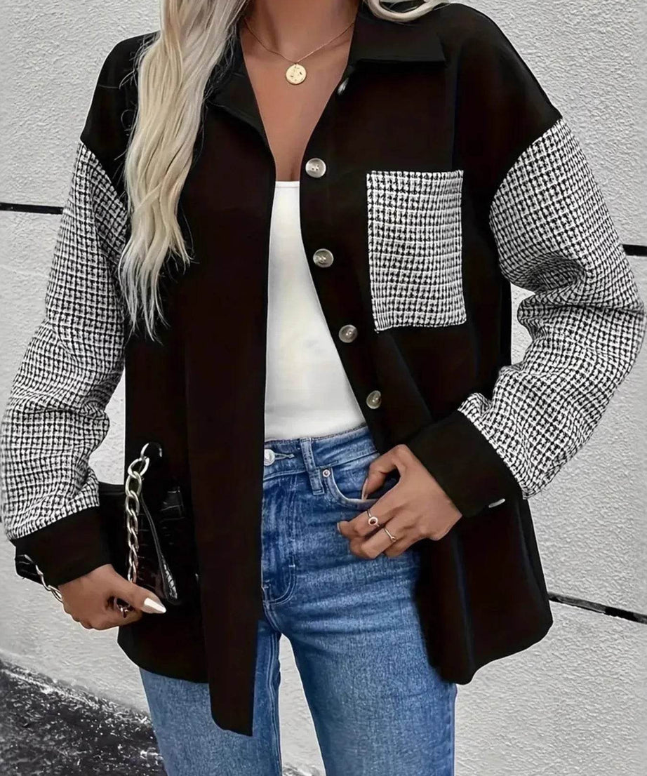 Houndstooth Contrast Button-Up Oversized Jacket - ELY VESSA LLC