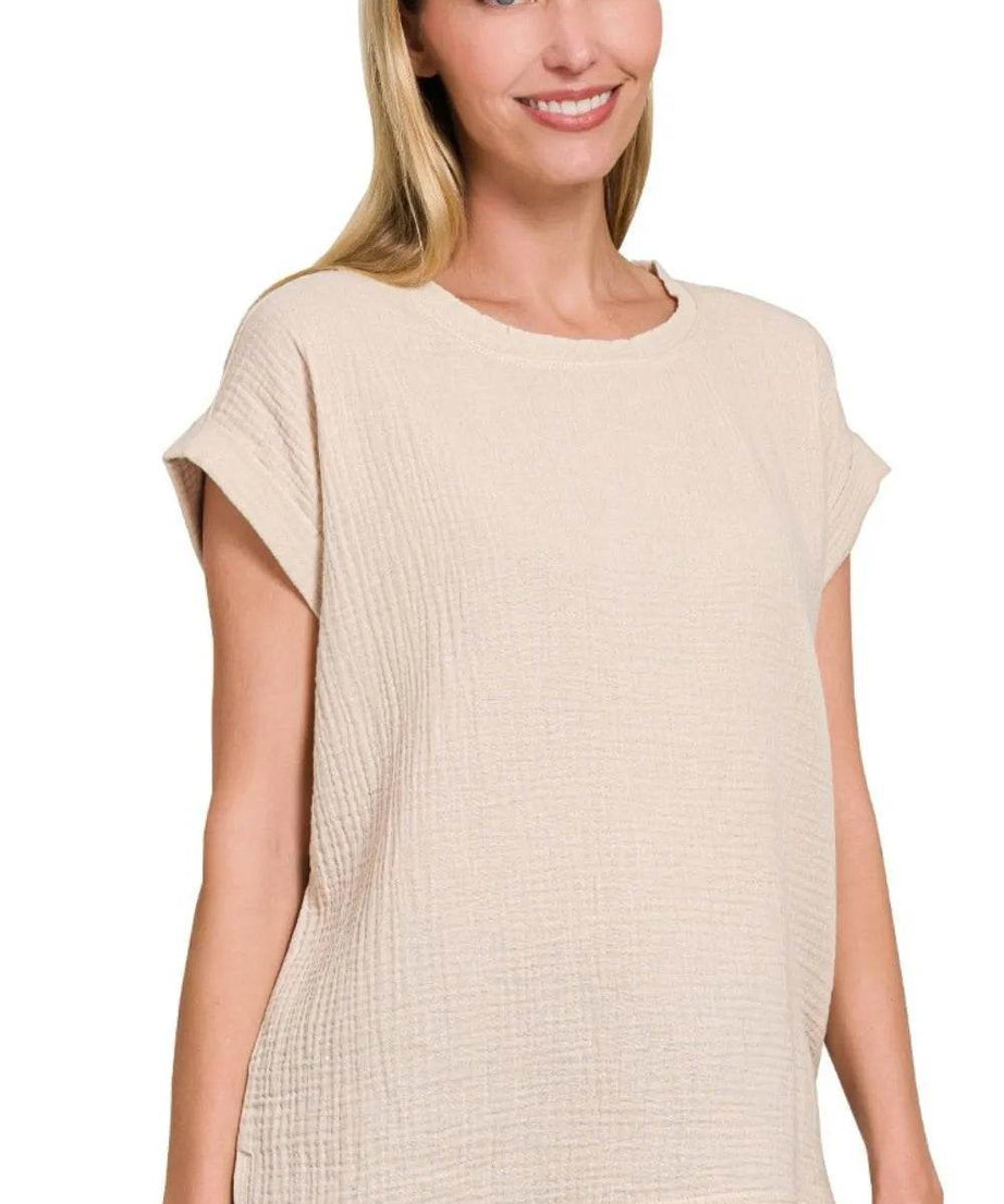 Zenana Double Gauze Round Neck Folded Short Sleeve Top - ELY VESSA LLC