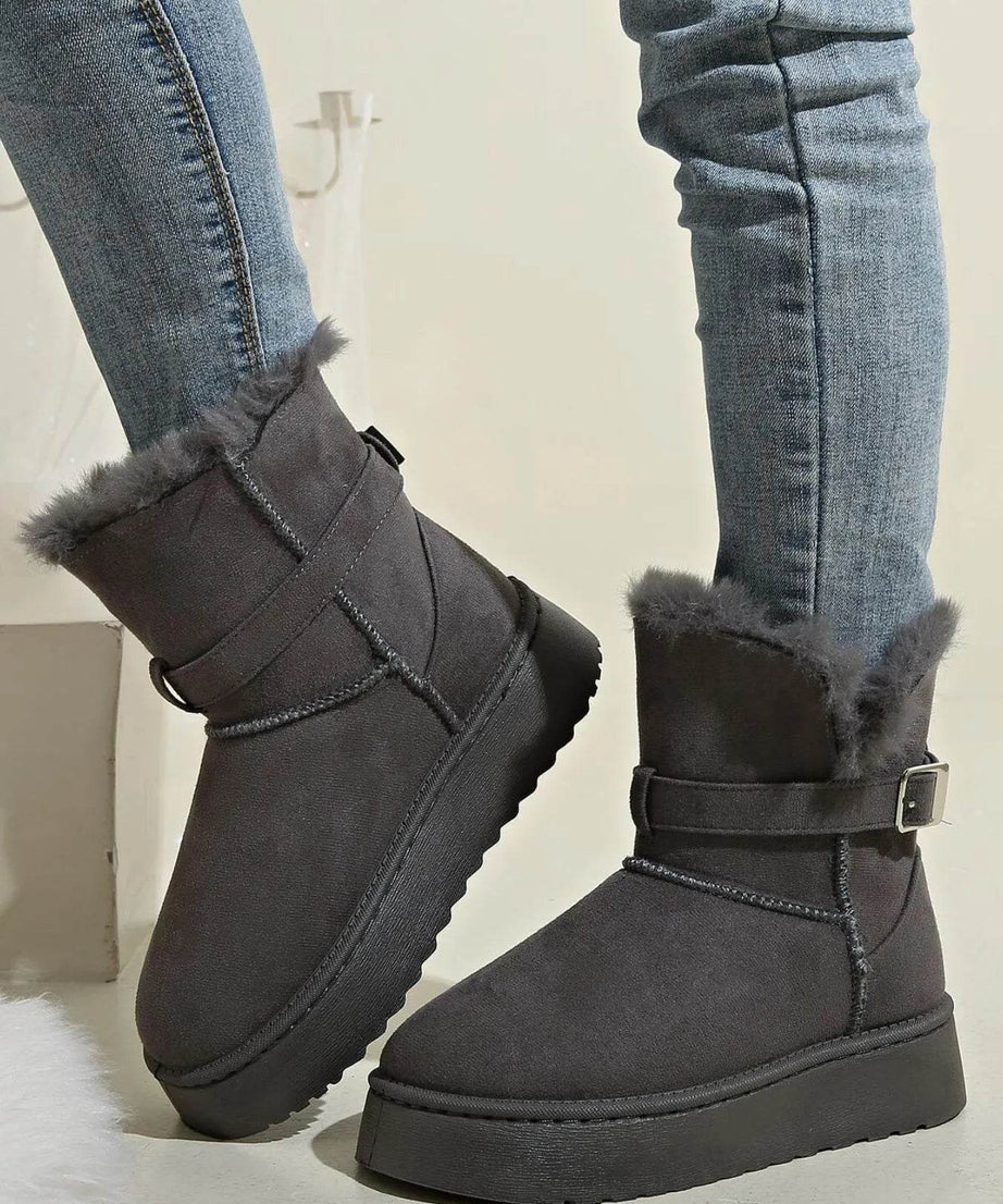 Fur Lining Ankle Boots with Buckle Strap - ELY VESSA LLC