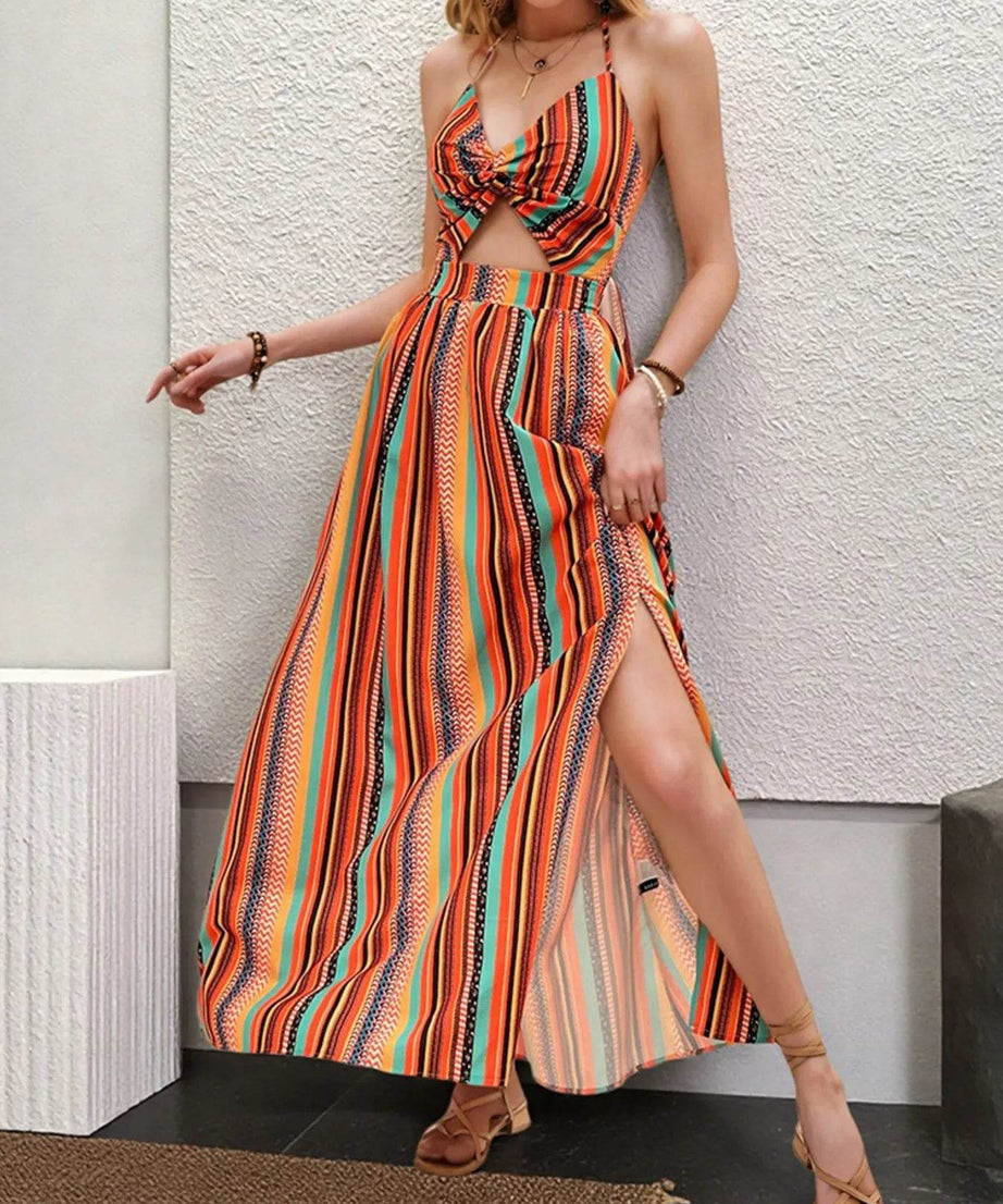 Striped Halter Maxi Dress with Cutout Detail - ELY VESSA LLC
