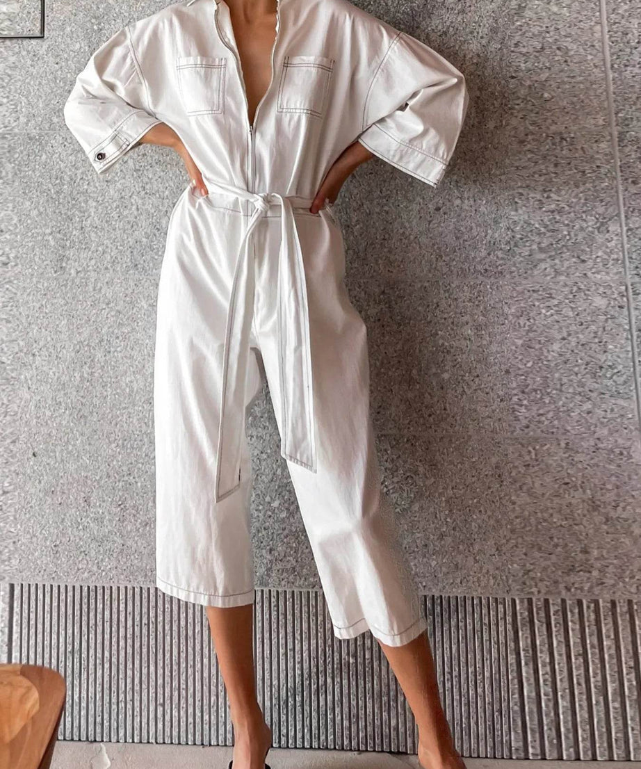 Tie Waist Wide Leg Jumpsuit - ELY VESSA LLC