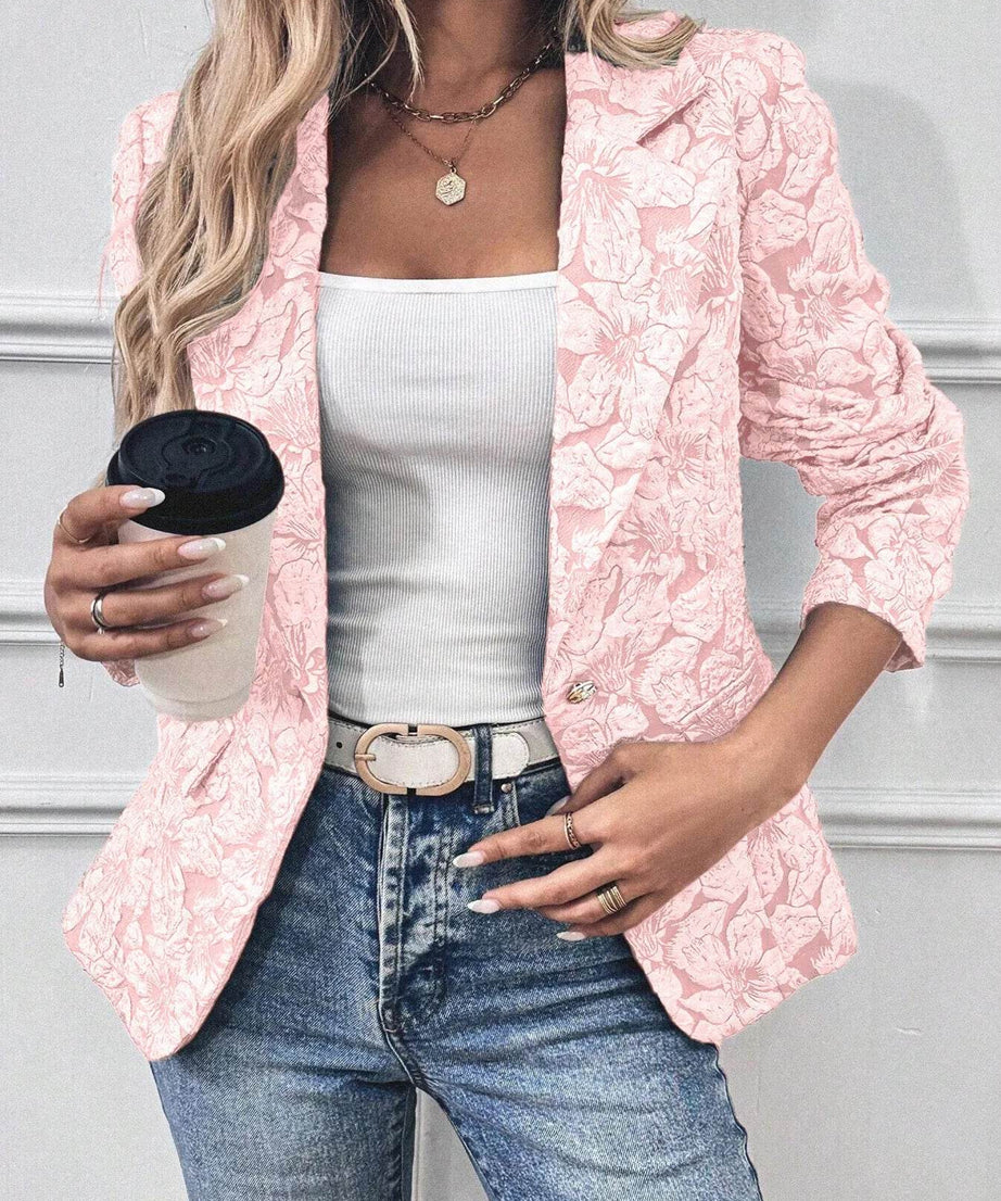 Floral Print Single Button Blazer with Pockets - ELY VESSA LLC