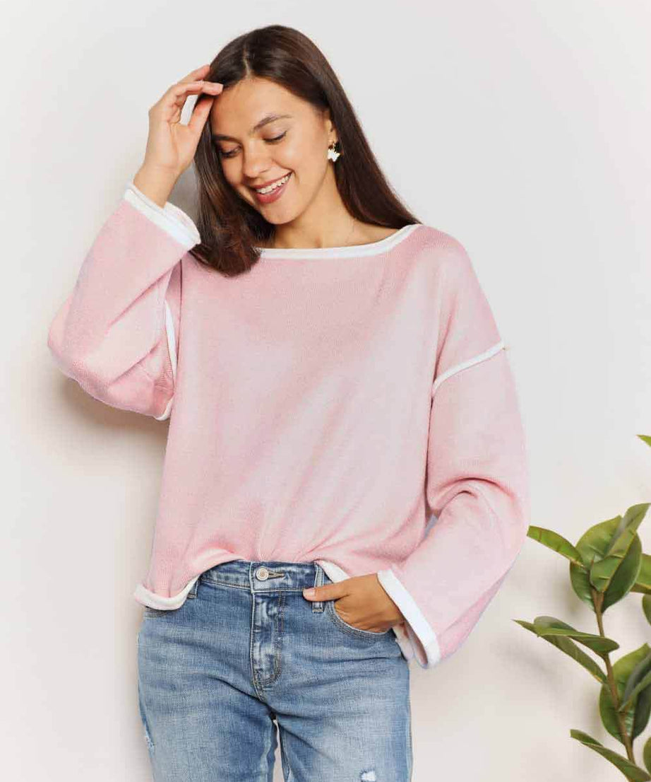 Angel Wings Contrast Detail Dropped Shoulder Knit Top - ELY VESSA LLC