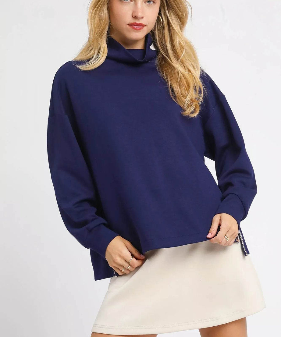Umgee Turtle Neck Dolman Sleeve Side Slit Sweater with Contrast Detail - ELY VESSA LLC