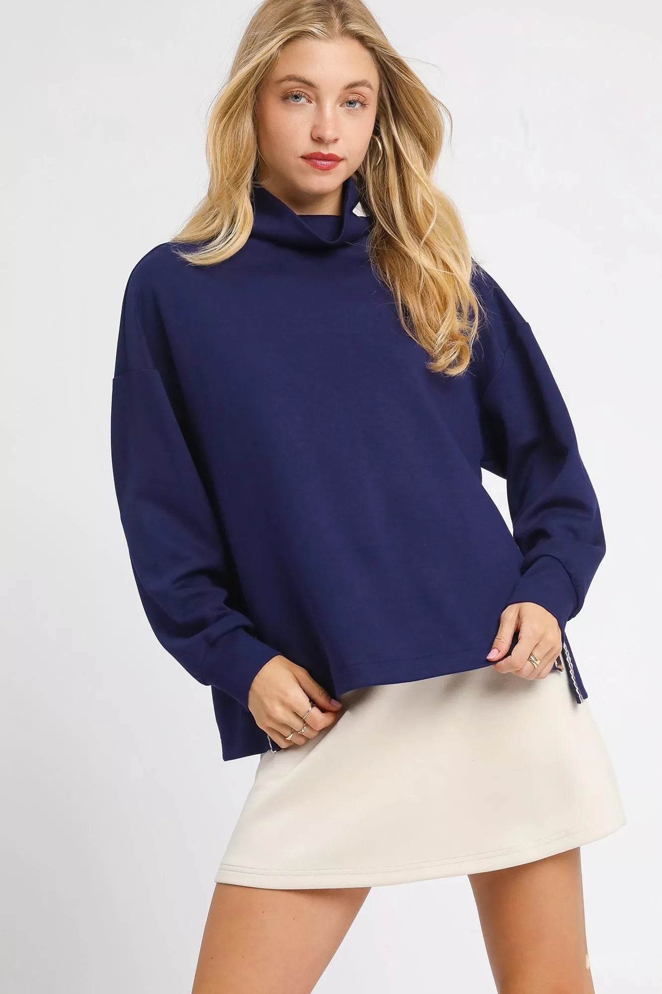 Umgee Turtle Neck Dolman Sleeve Side Slit Sweater with Contrast Detail - ELY VESSA LLC