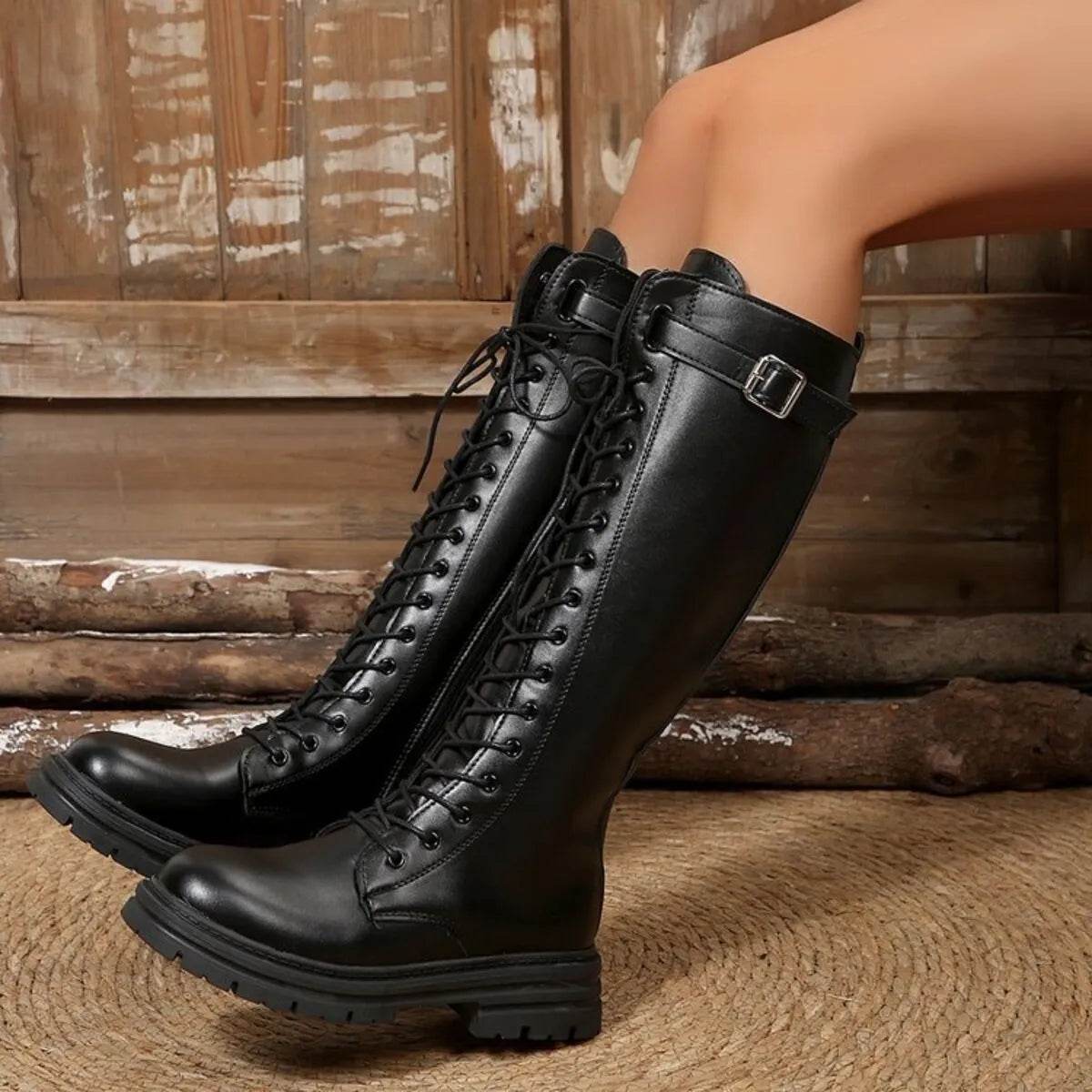 Lace Up Block Heels Boots - ELY VESSA LLC