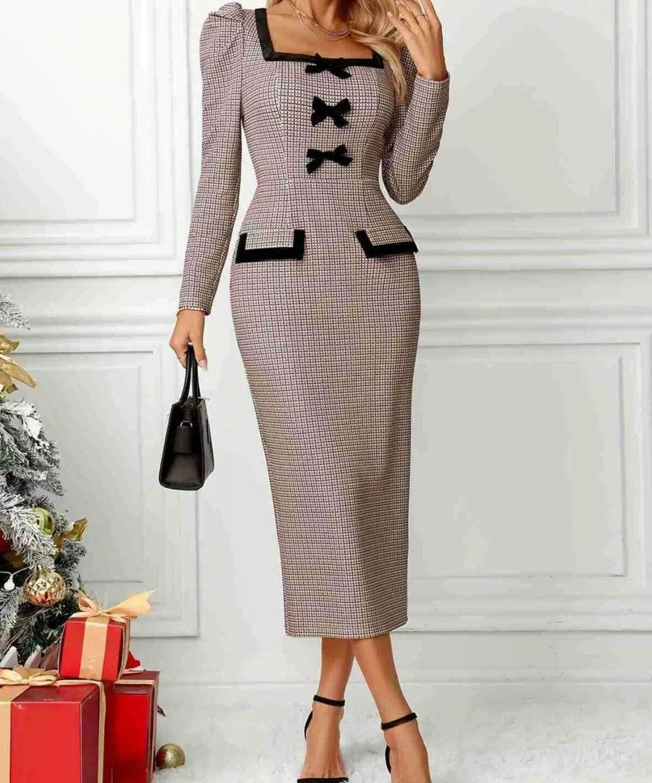 Houndstooth Bow Square Neck Dress - ELY VESSA LLC