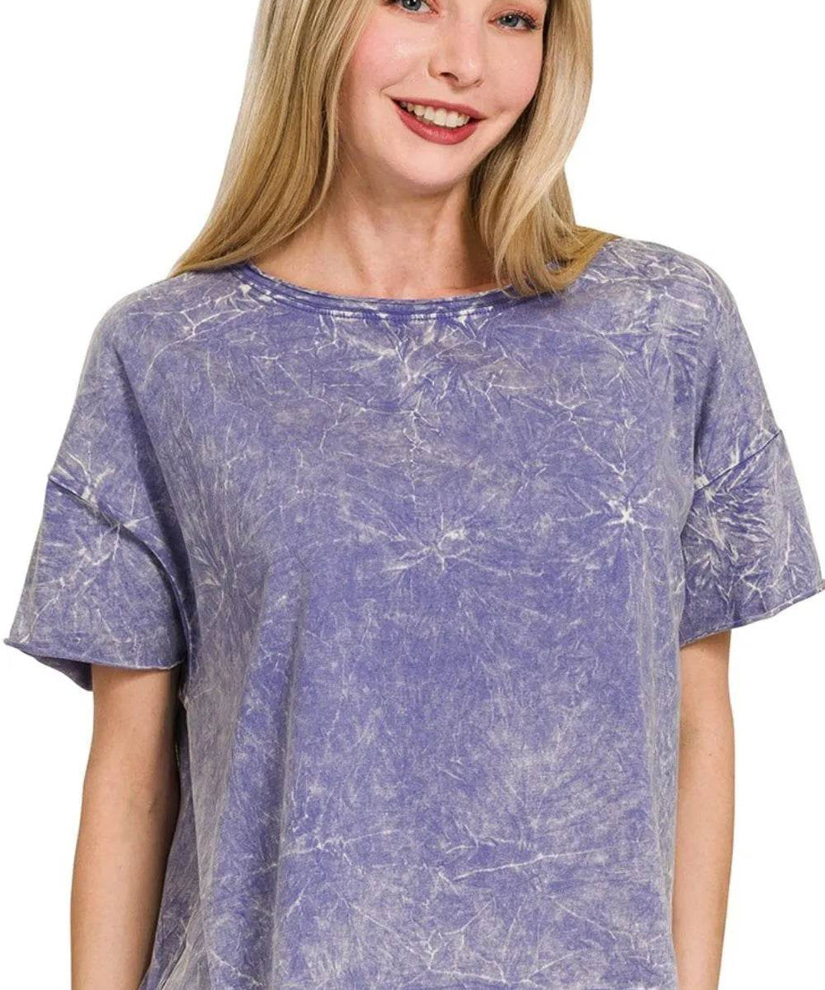 Zenana Washed Crew Neck Short Sleeve Crop Box Tee - ELY VESSA LLC