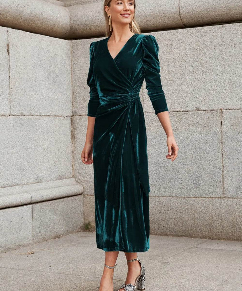 Surplice Puff Sleeve Midi Dress - ELY VESSA LLC