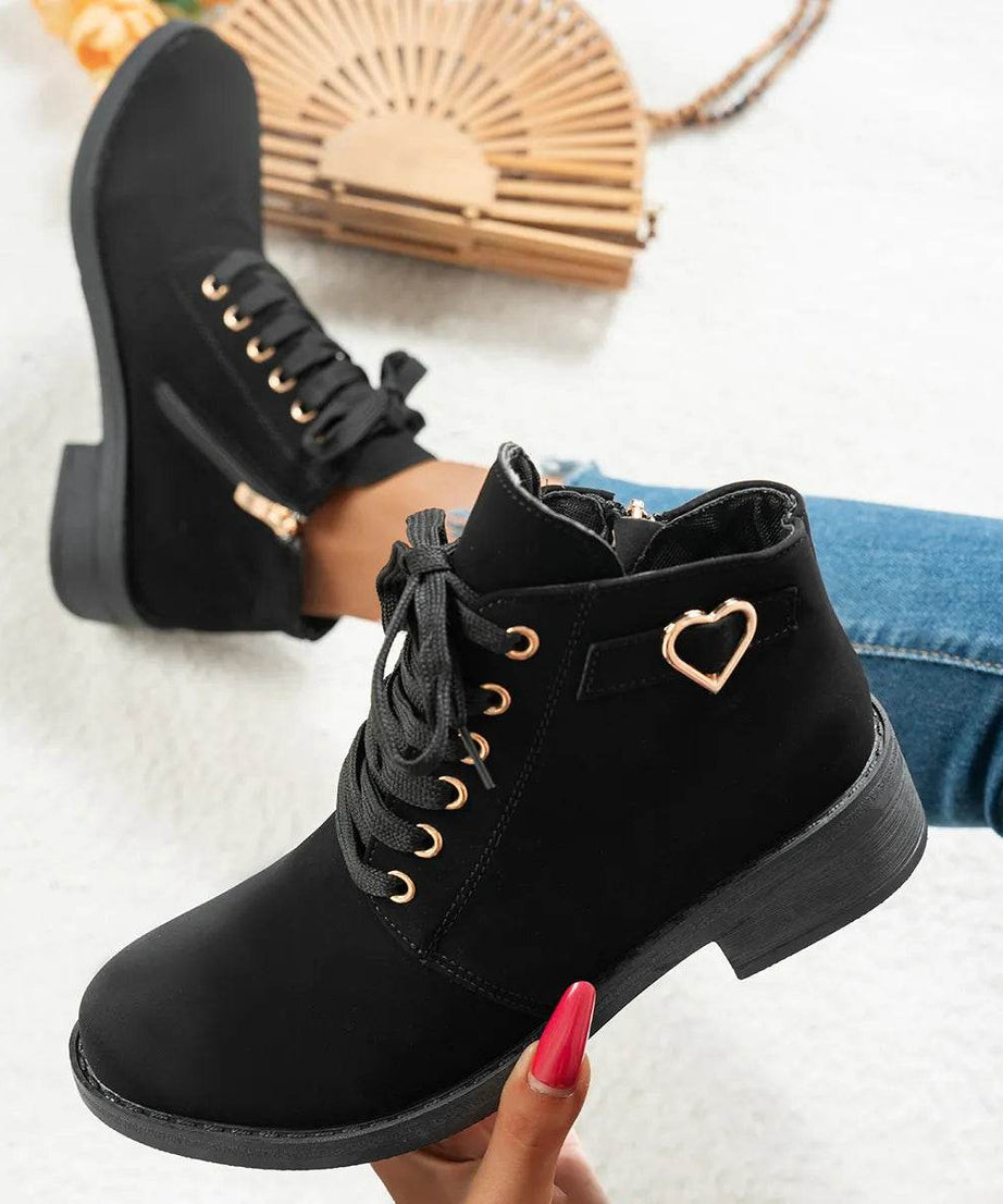 Lace-Up Ankle Boots with Heart Charm Detail - ELY VESSA LLC