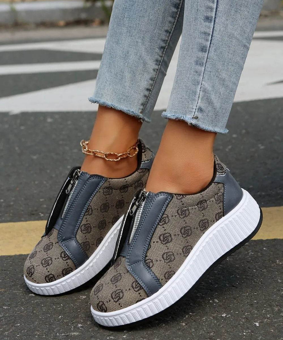 Floral Round Toe Sneakers with Zip - ELY VESSA LLC