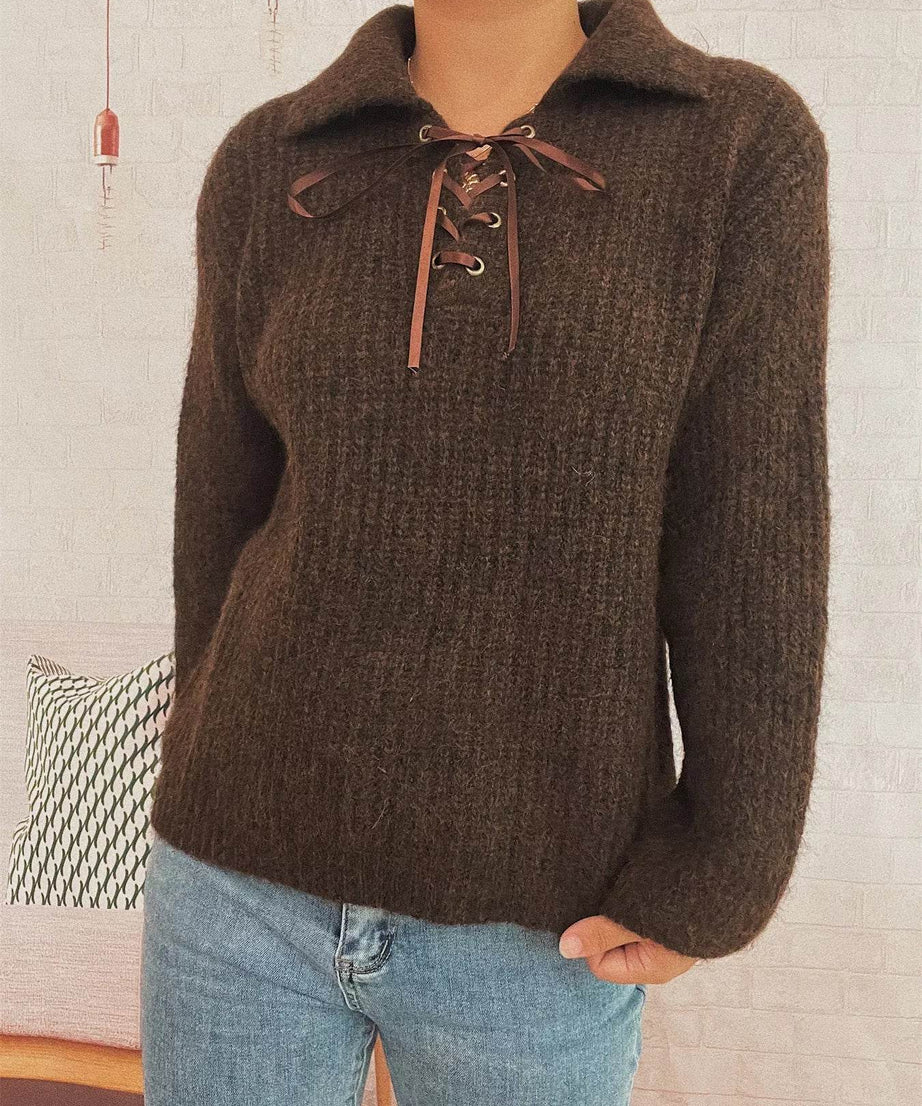 Lace Up Long Sleeve Sweater - ELY VESSA LLC