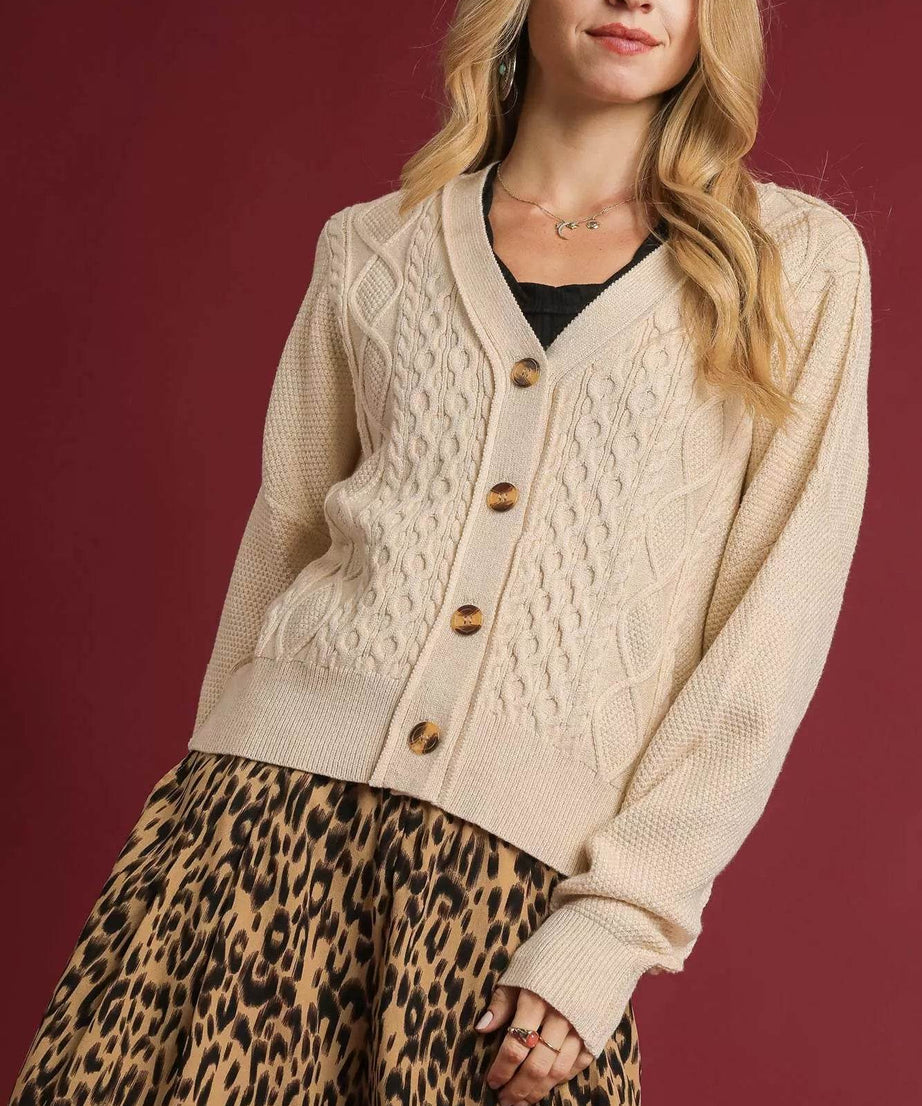Umgee Chunky Cable Knit V-Neck Button-Up Cardigan - ELY VESSA LLC