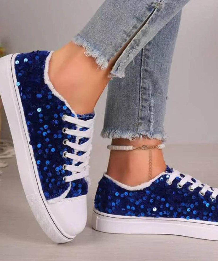 Sequin Round Toe Flat Sneakers - ELY VESSA LLC