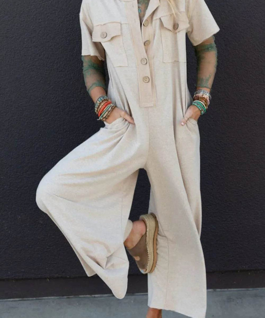 Pocket Front Short Sleeve Wide Leg Jumpsuit - ELY VESSA LLC