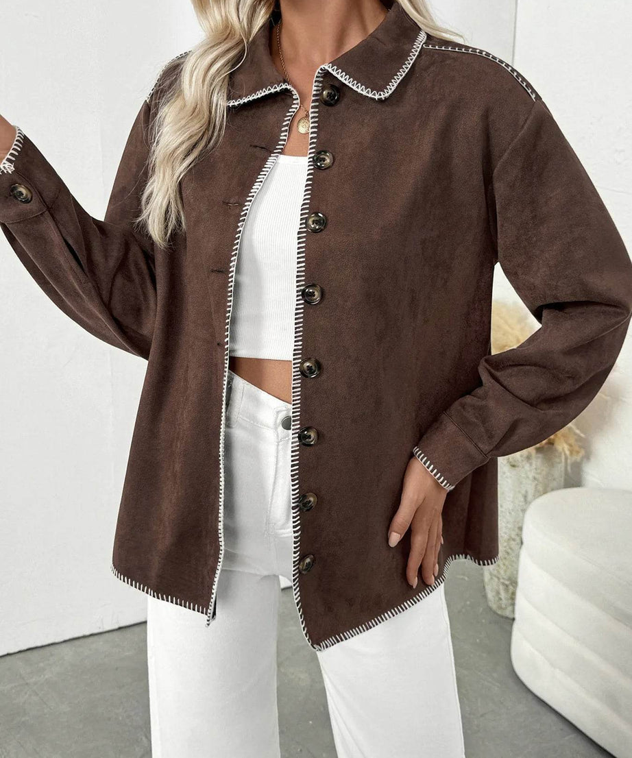 Button Up Contrast Trim Jacket - ELY VESSA LLC