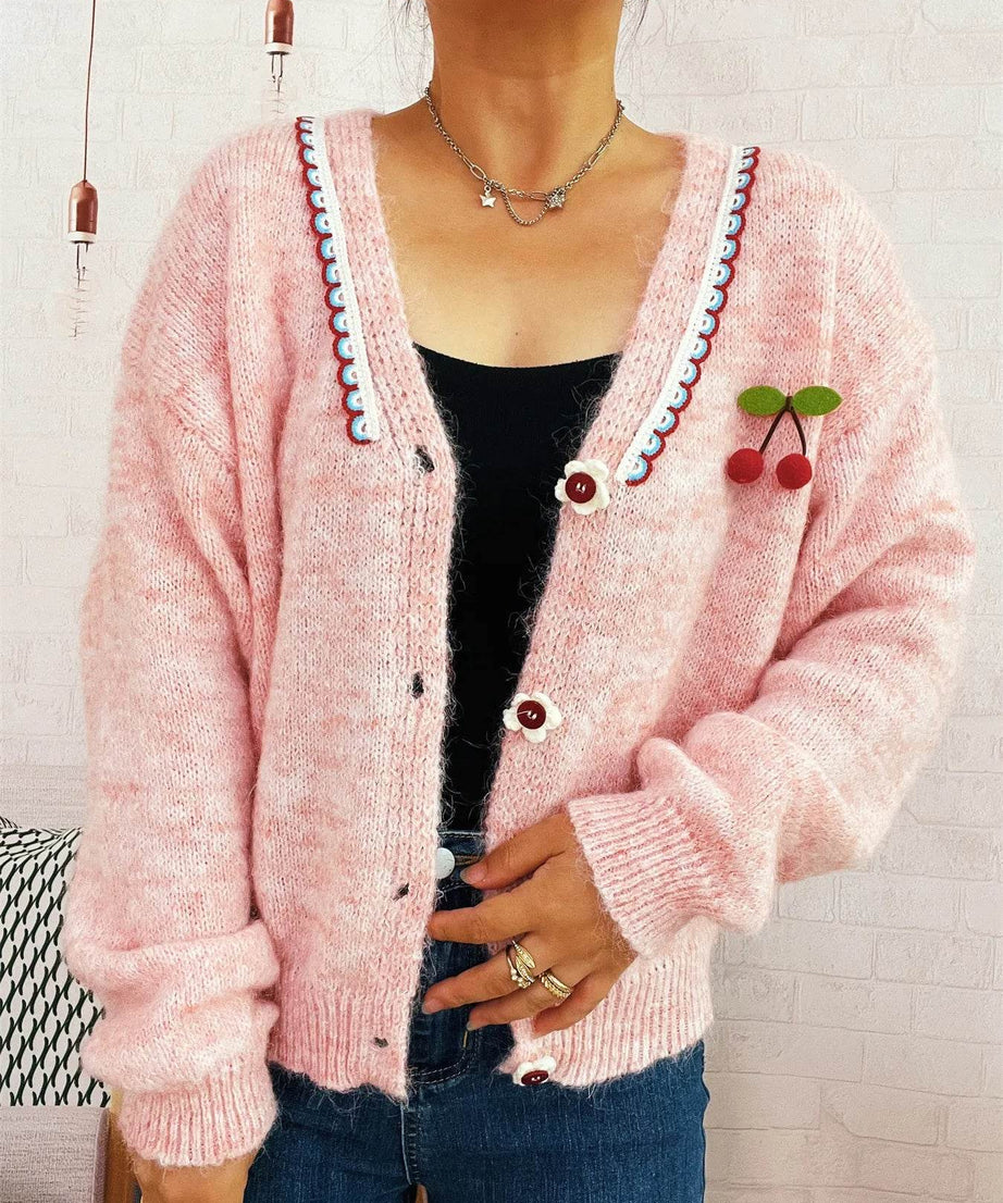Cherry Button-Front Long Sleeve Cardigan - ELY VESSA LLC