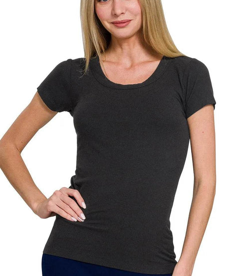 Zenana Ribbed Round Neck Short Sleeve T-Shirt - ELY VESSA LLC