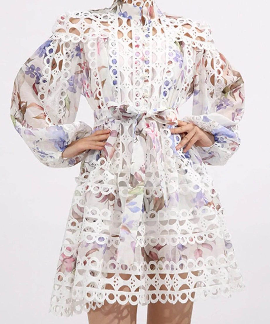 Lace Eyelet Mini Dress with Balloon Sleeves - ELY VESSA LLC