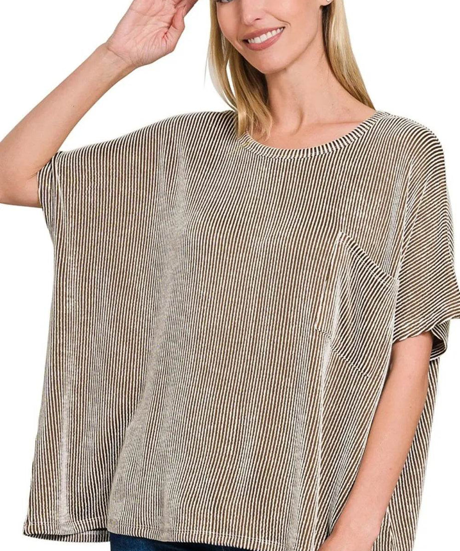 Zenana Corded Rib Oversized Short Sleeve Top - ELY VESSA LLC