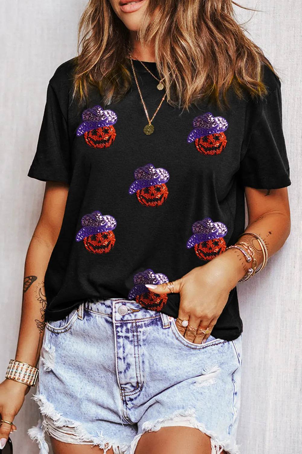Sequin Pumpkin Round Neck Short Sleeve T-Shirt - ELY VESSA LLC