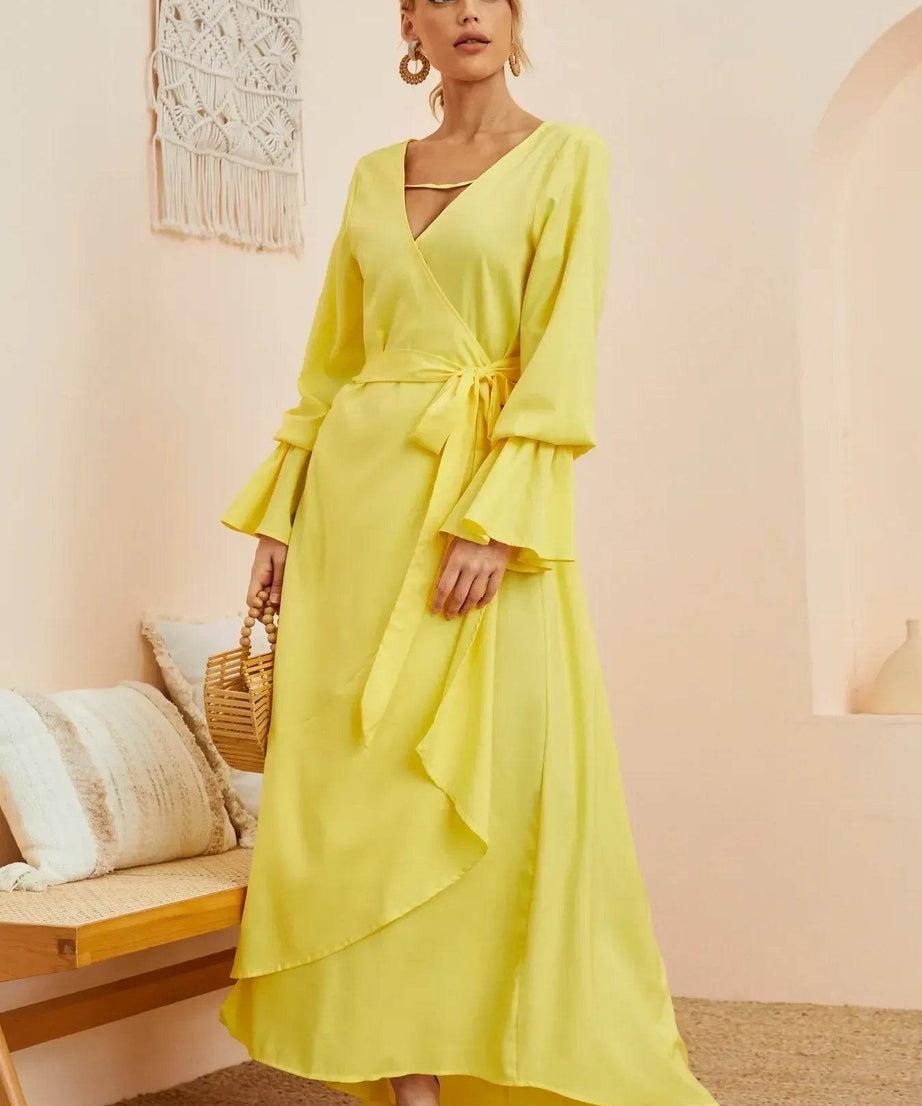 Ruffled Wrap Maxi Dress with Bell Sleeves - ELY VESSA LLC