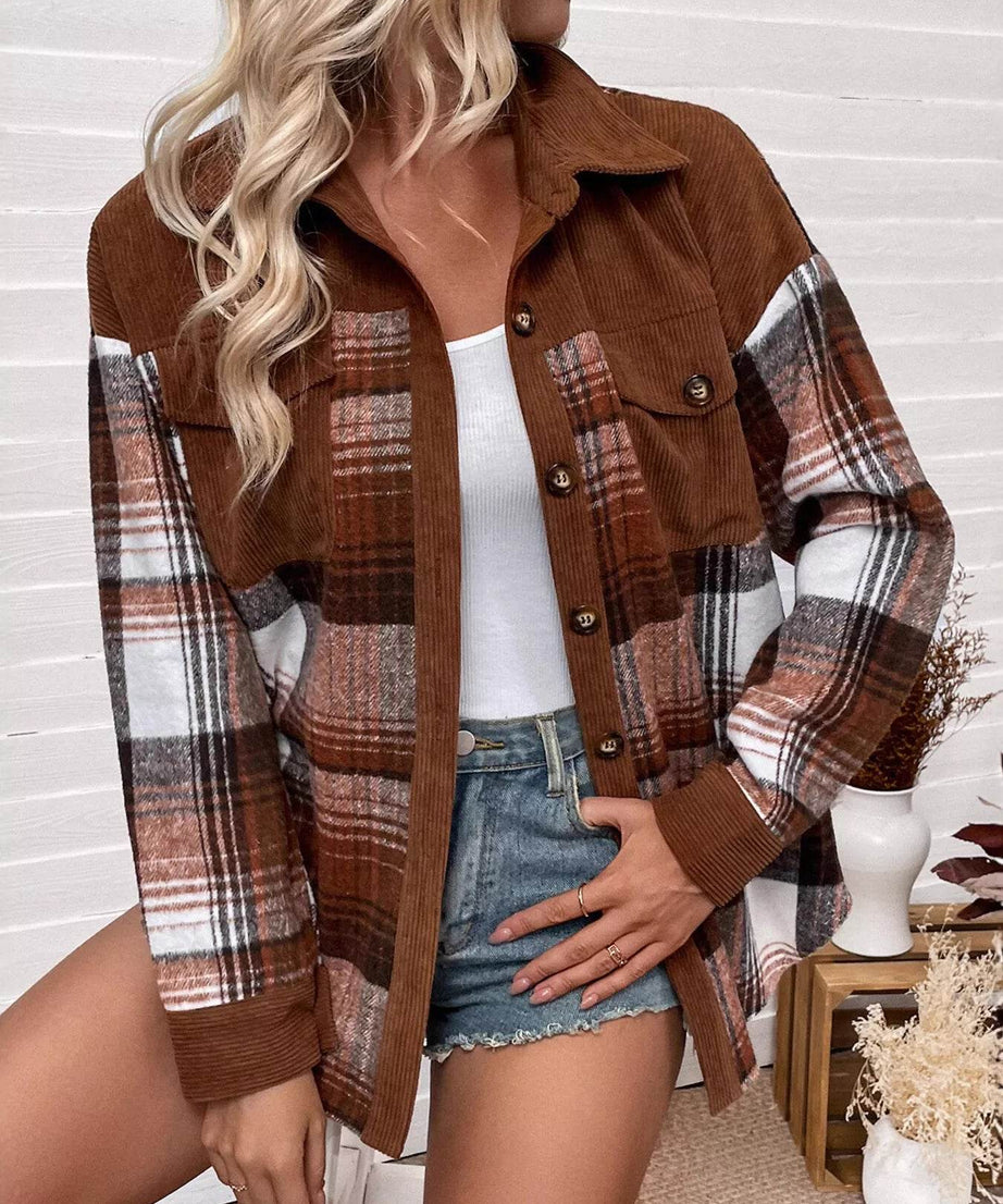 Plaid Button-Up Shacket with Chest Pockets - ELY VESSA LLC
