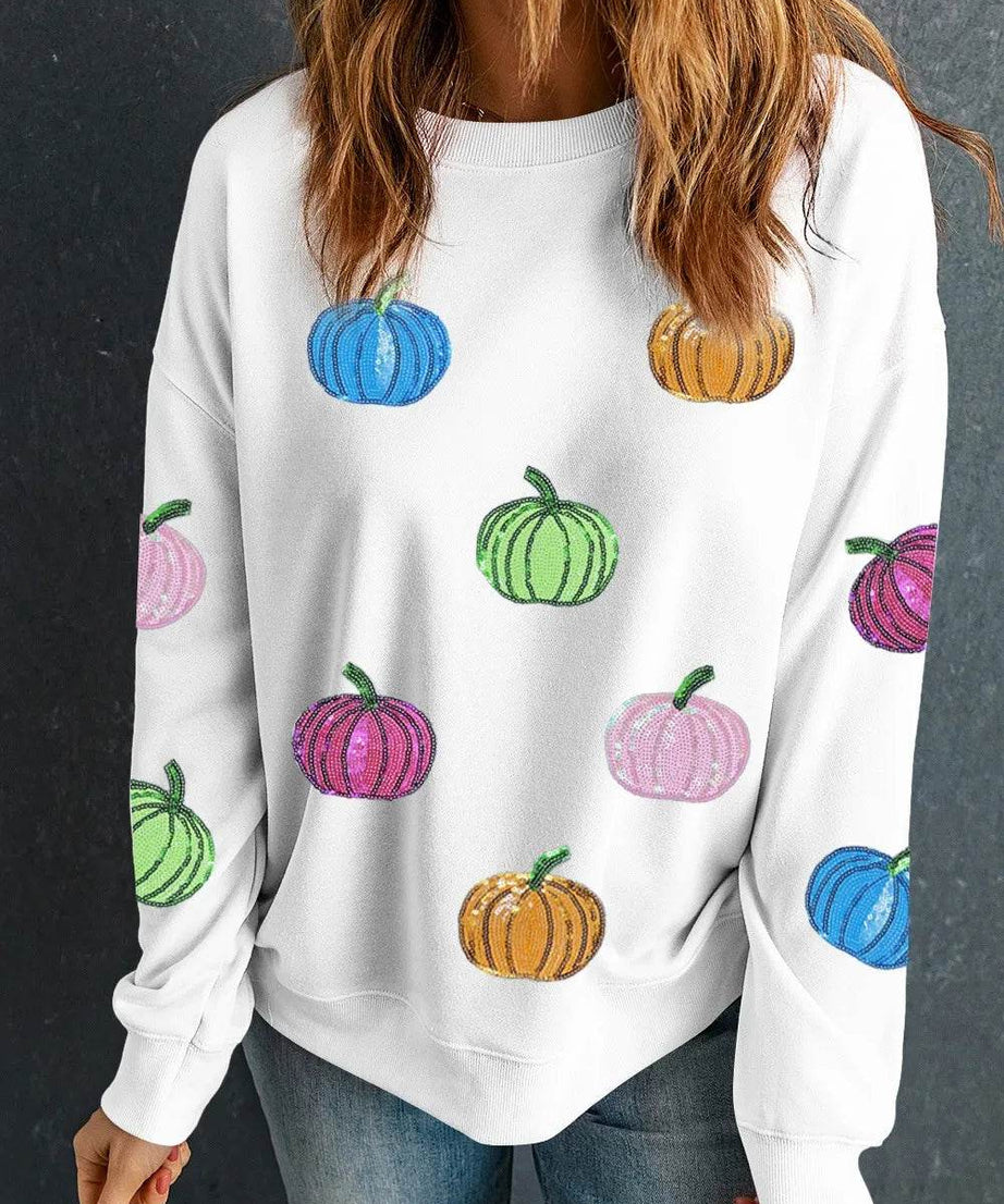 Pumpkin Round Neck Long Sleeve Sweatshirt - ELY VESSA LLC