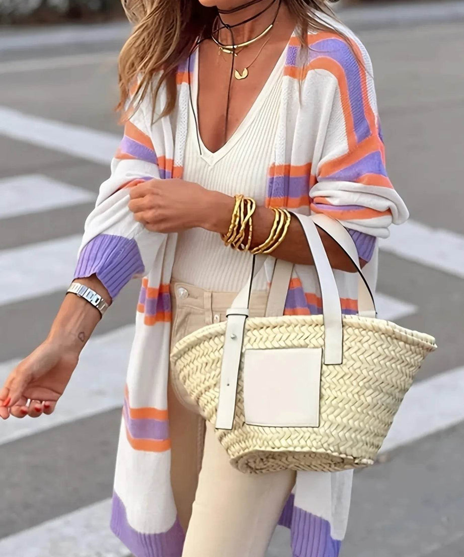 Striped Open Front Longline Cardigan - ELY VESSA LLC