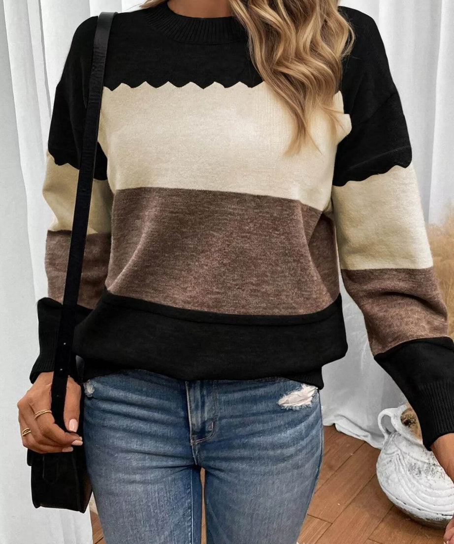 Color Block Crew Neck Drop Shoulder Sweater - ELY VESSA LLC
