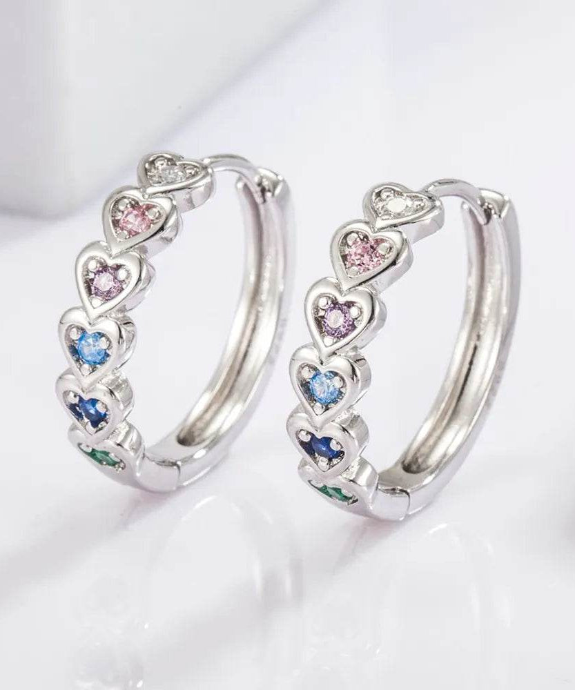 925 Sterling Silver Inlaid Zircon Heart Huggie Earrings - ELY VESSA LLC