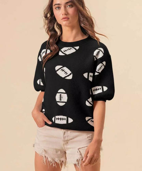BiBi Football Pattern Short Sleeve Sweater - ELY VESSA LLC