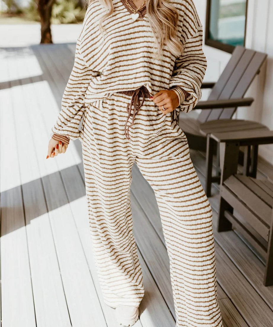 Stripe Collared Top and Drawstring Pant Set - ELY VESSA LLC