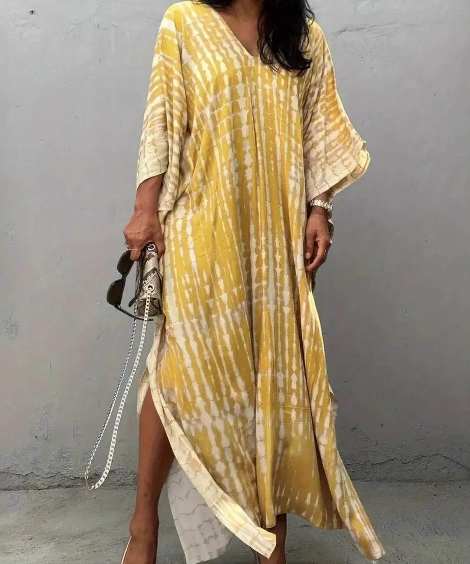 Tie-Dye V-Neck Maxi Dress with Flowy Sleeves - ELY VESSA LLC