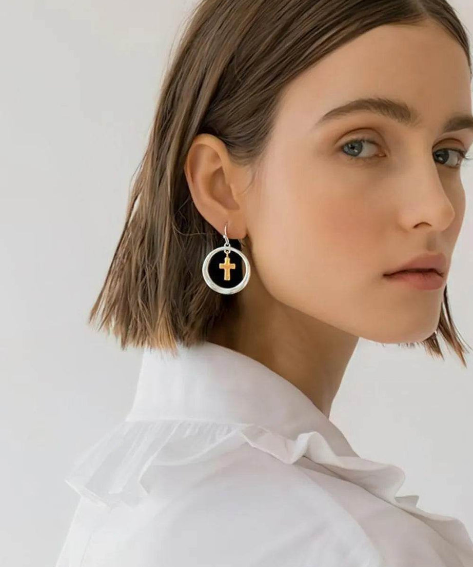 Brass Contrast Cross Dangle Earrings - ELY VESSA LLC