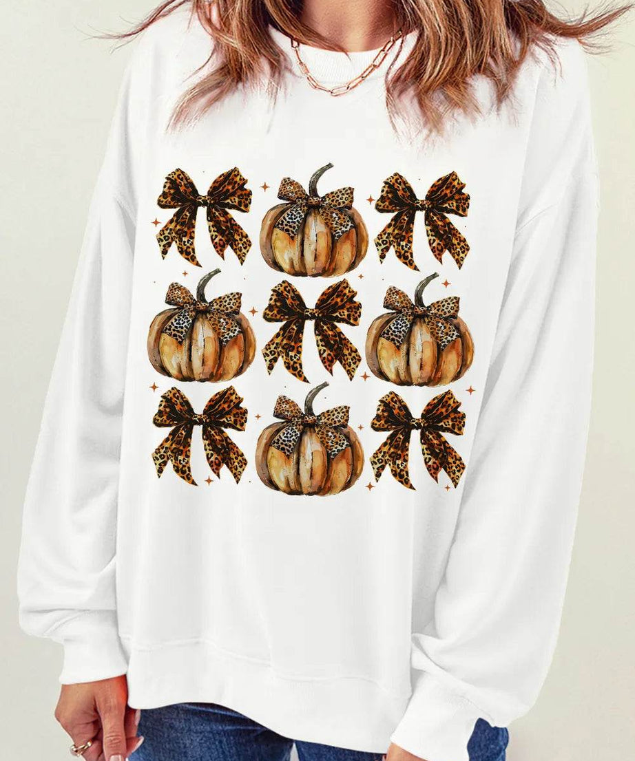 Pumpkin & Bow Graphic Long Sleeve Sweatshirt - ELY VESSA LLC