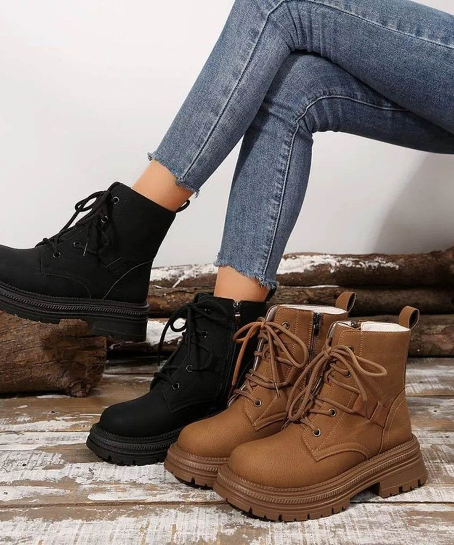 Round Toe Lace Up Platform Boots - ELY VESSA LLC
