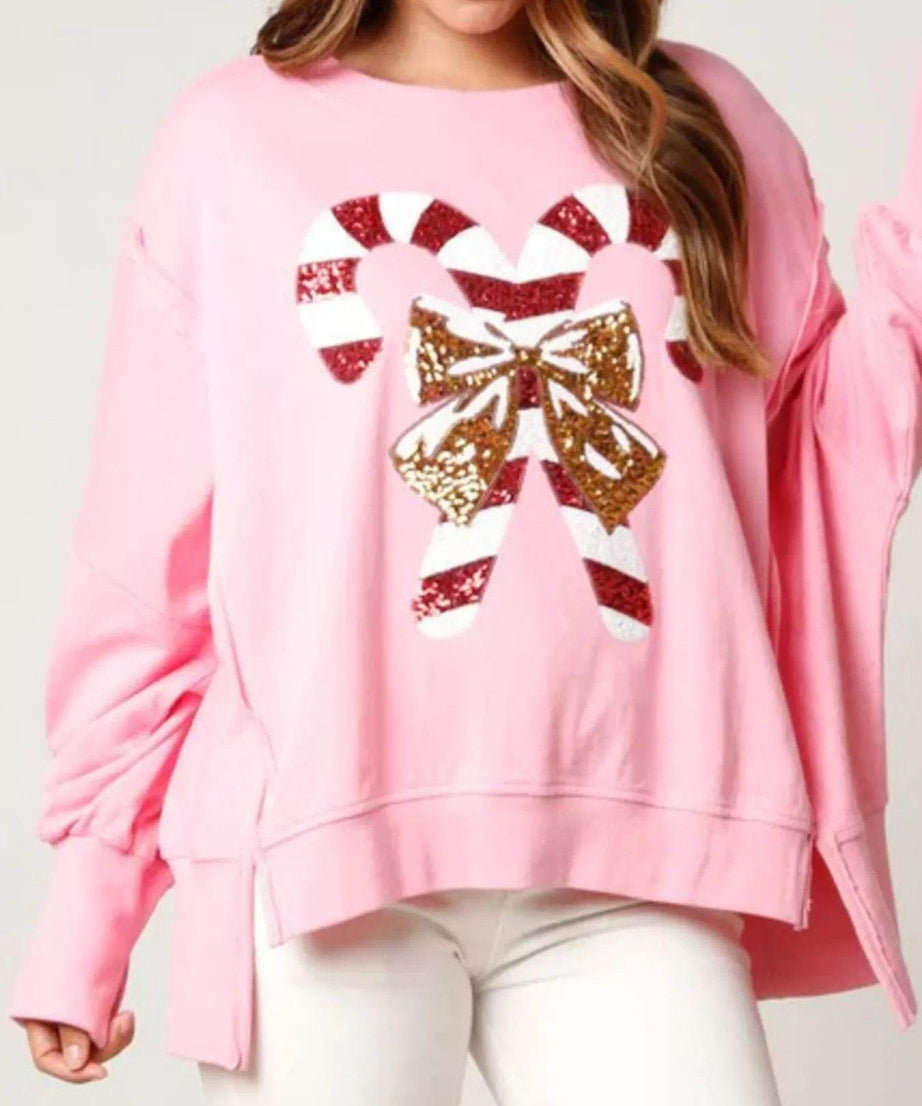 Christmas Candy Cane Bow Dropped Shoulder Sweatshirt - ELY VESSA LLC