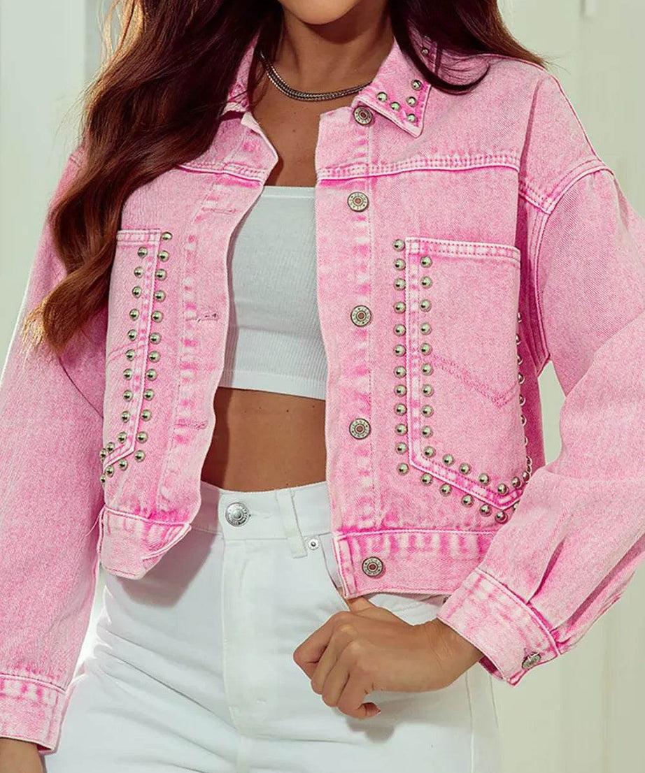 Studded Button Up Denim Jacket - ELY VESSA LLC