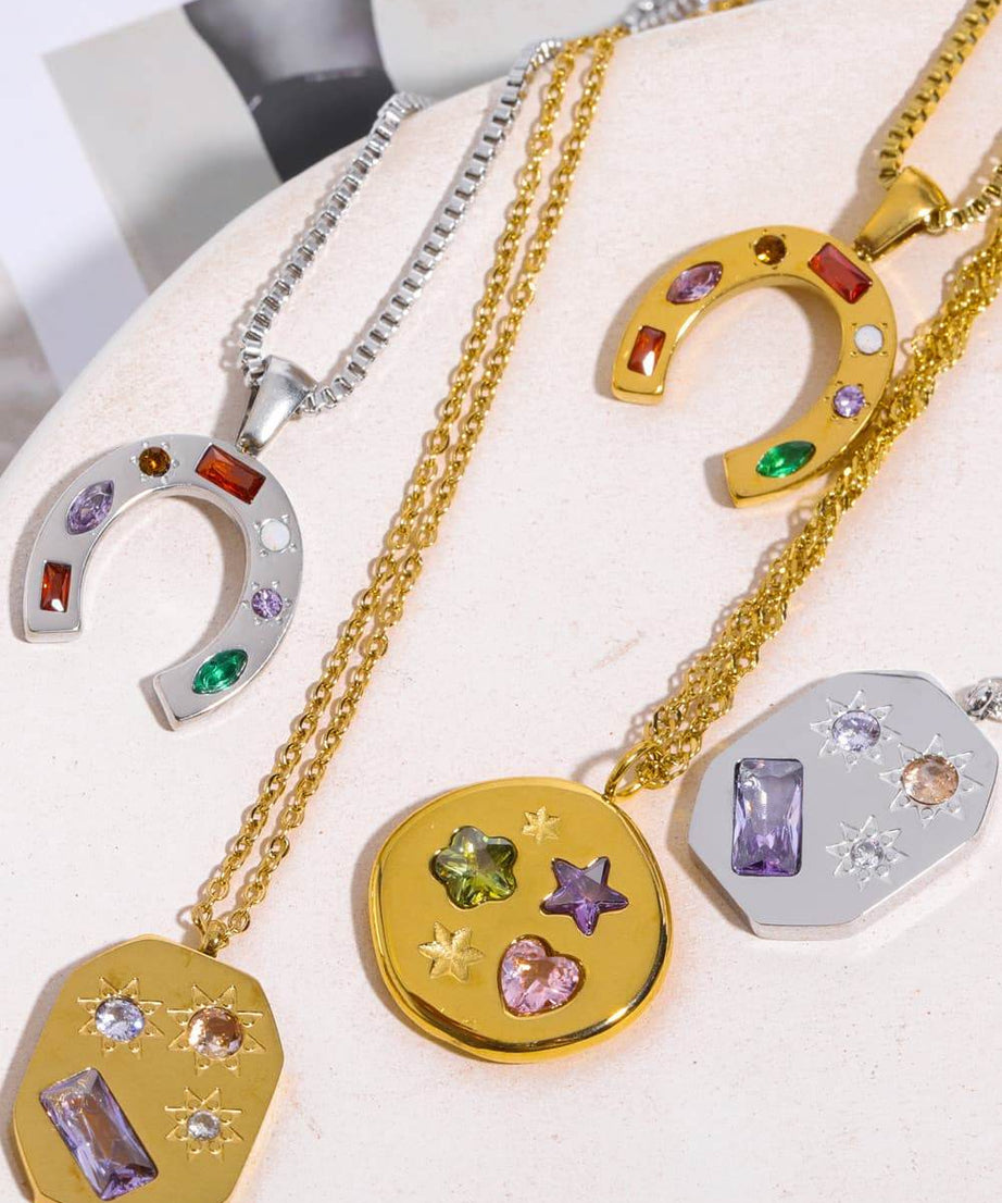 Inlaid Zircon Pendant Stainless Steel Necklace - ELY VESSA LLC