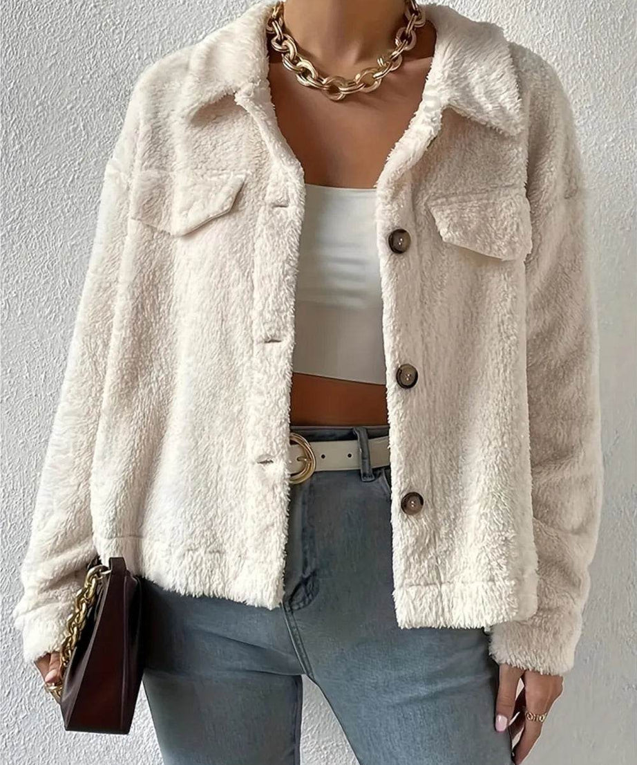 Collared Neck Button Up Jacket with Decorative Pocket Flaps - ELY VESSA LLC