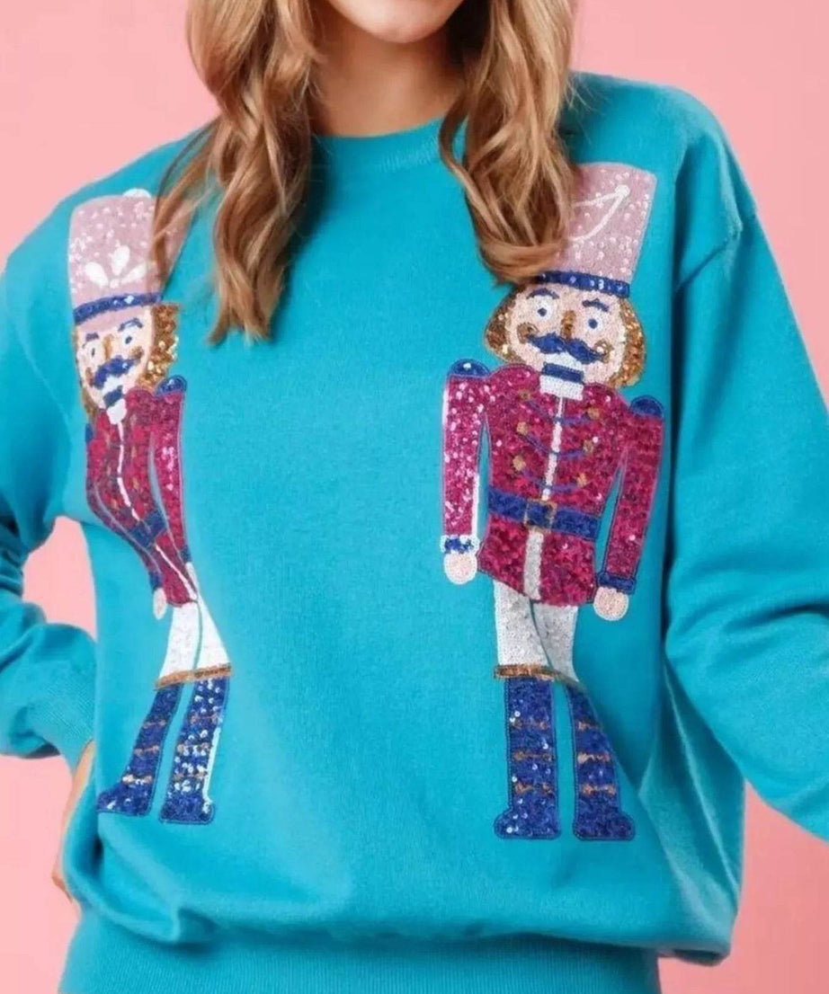 Christmas Sequin Nutcracker Dropped Shoulder Sweatshirt - ELY VESSA LLC